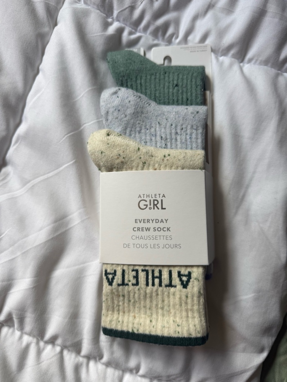 Athleta Girl Everyday Crew Socks - Green, Light Gray, Cream (3-Pack) NEW